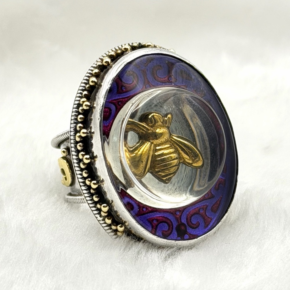 Mars & Valentine “Violet Honey” Bee Ring – Sterling Silver Purple Enamel, Size 8